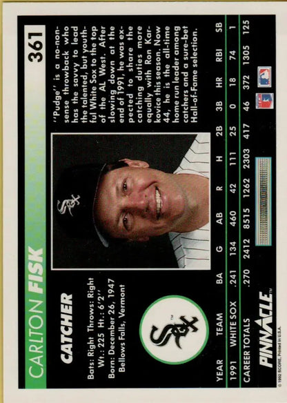Carlton Fisk Chicago White Sox baseball card in white uniform from 1992 Pinnacle