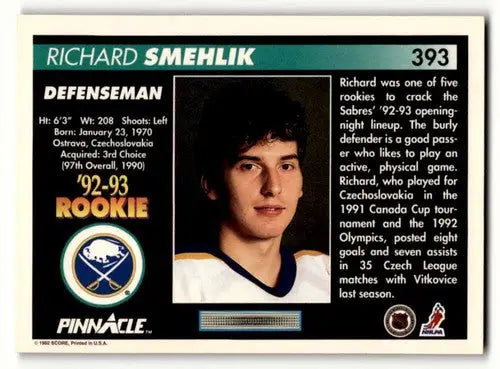 Original gloss 1992 Pinnacle Richard Smehlik Sabres hockey card in Smehlik Sabres hockey collection