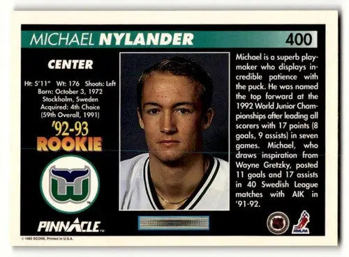 Original gloss Michael Nylander Whalers hockey card from 1992 Pinnacle #400