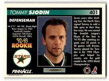 Original gloss Tommy Sjodin Dallas Stars hockey card from 1992 Pinnacle #401