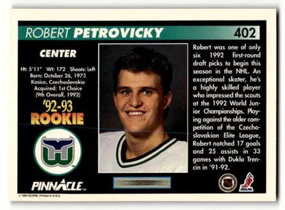 1992 Pinnacle Robert Petrovicky Whalers hockey card with original gloss in excellent condition