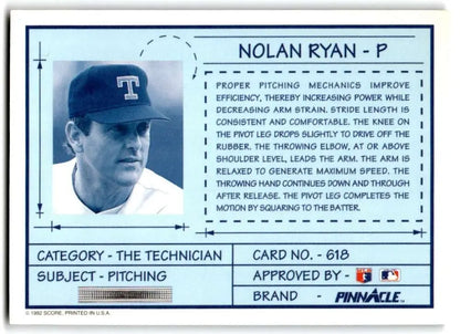Baseball card showcasing Nolan Ryan pitching mechanics and Texas Rangers logo