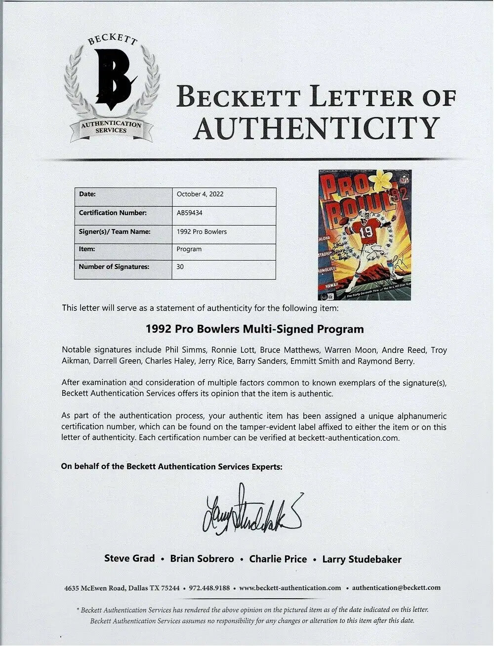 Beckett Letter of Authenticity for 1992 Pro Bowl AUTO Program Signed by Emmitt Smith Barry Sanders