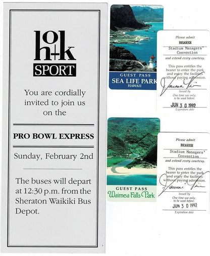 Event invitation and guest passes for 1992 Pro Bowl AUTO Program with Emmitt Smith and Barry Sanders