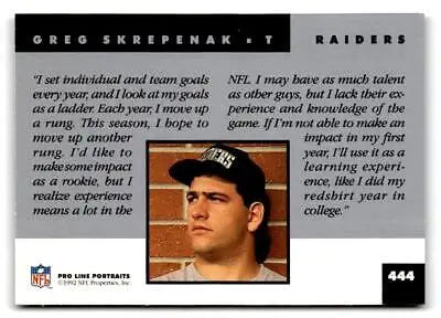 Greg Skrepenak football card from 1992 Pro Line Portraits #444 collectible series