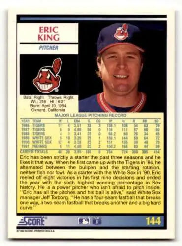 Eric King Cleveland Indians baseball card 1992 Score #144 with original gloss