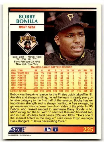 1992 Score #225 Bobby Bonilla NM Near Mint Pirates - Trading Cards