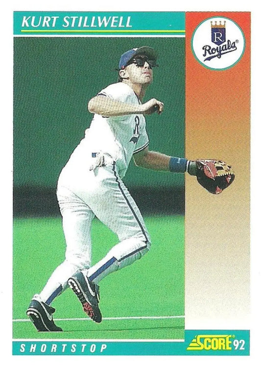 Kurt Stillwell making a defensive play on 1992 Score Kansas City Royals baseball card