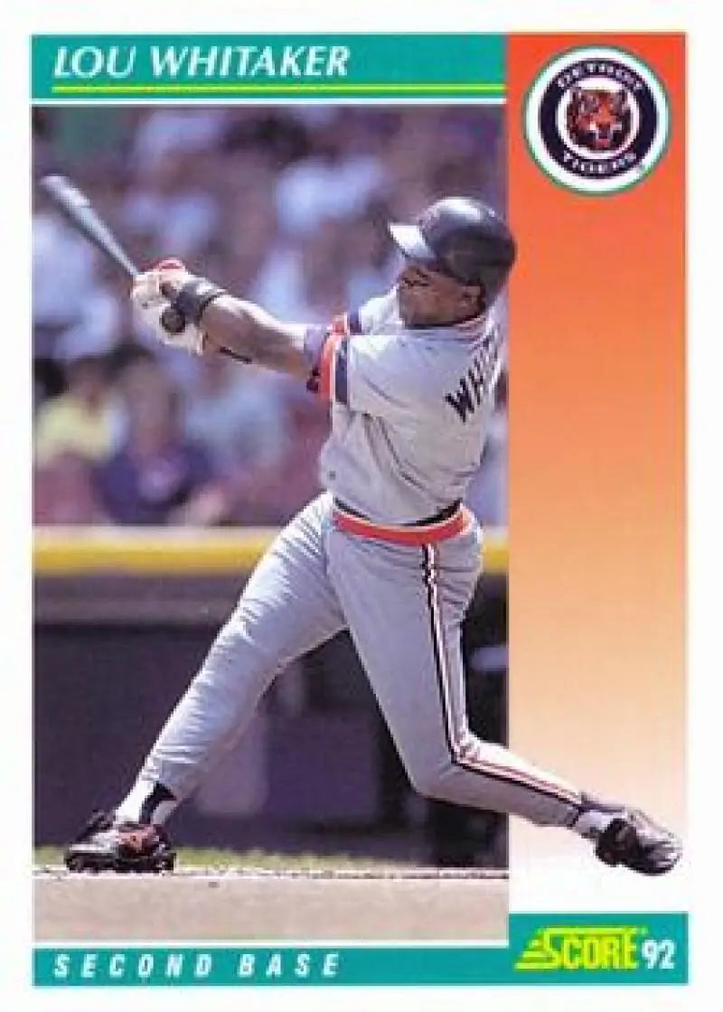 Baseball card of Lou Whitaker swinging bat for Detroit Tigers 1992 Score #255