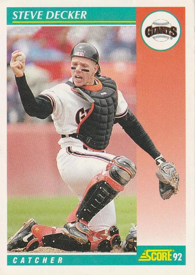 Baseball catcher Steve Decker in San Francisco Giants uniform at home plate play