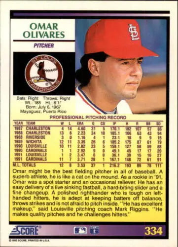 Omar Olivares 1992 Score #334 NM-MT Cardinals original gloss baseball card