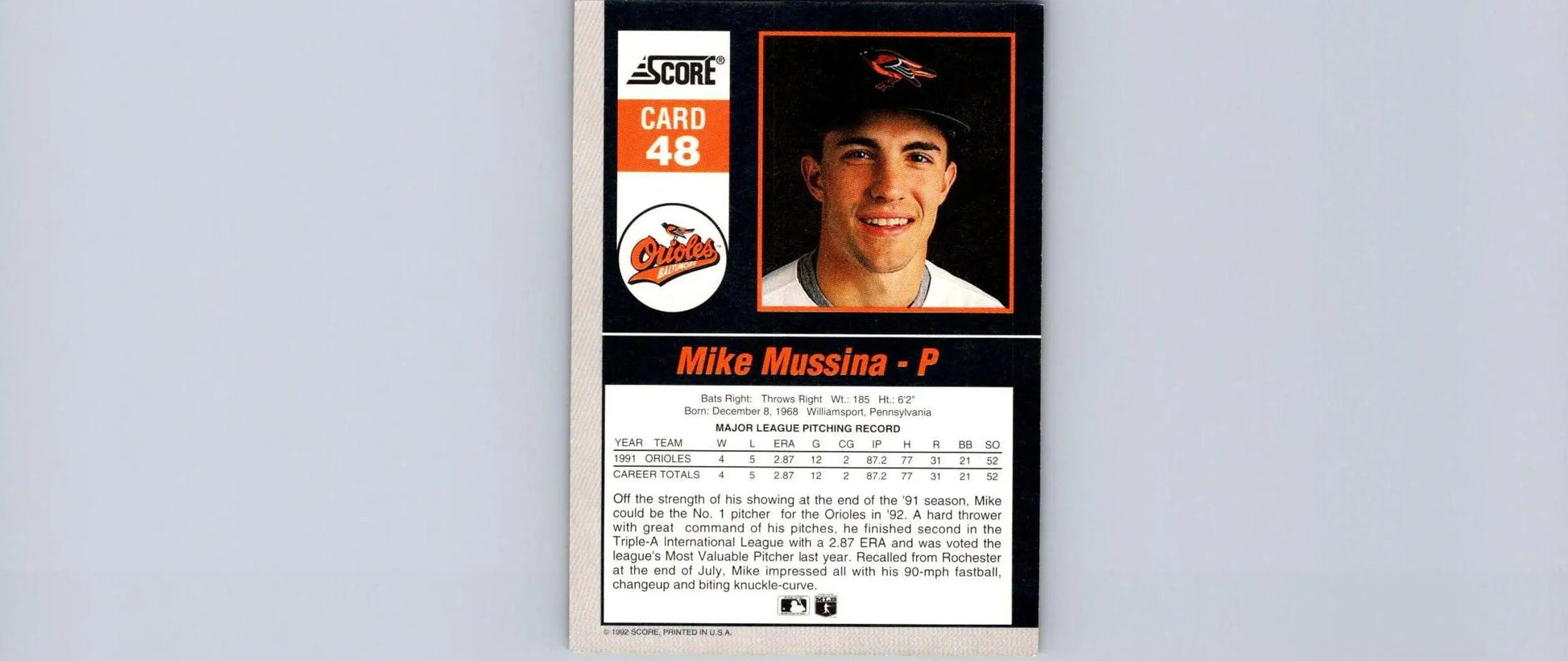 Mike Mussina baseball card from 1992 Score 90’s Impact Players trading cards