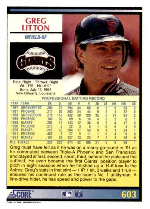 1992 Score #603 Greg Litton - Trading Card