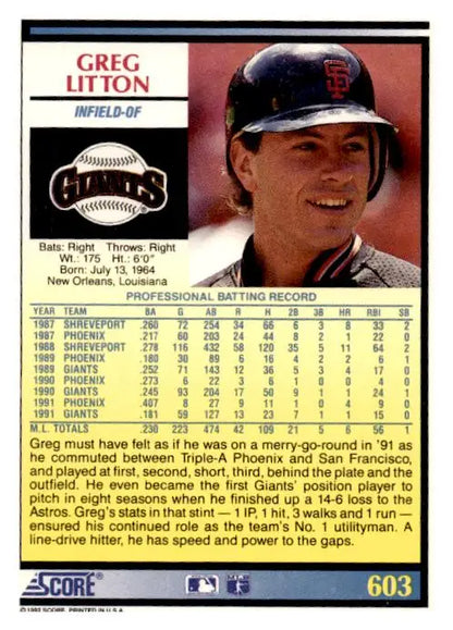 1992 Score #603 Greg Litton - Trading Card