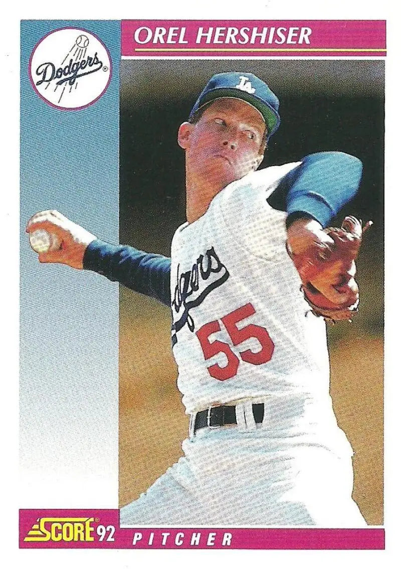 Orel Hershiser mid-throwing motion on 1992 Score Los Angeles Dodgers Baseball Card