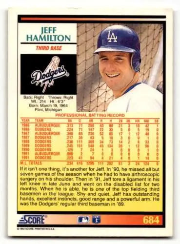 Jeff Hamilton Los Angeles Dodgers baseball card 1992 Score #684 original gloss quality