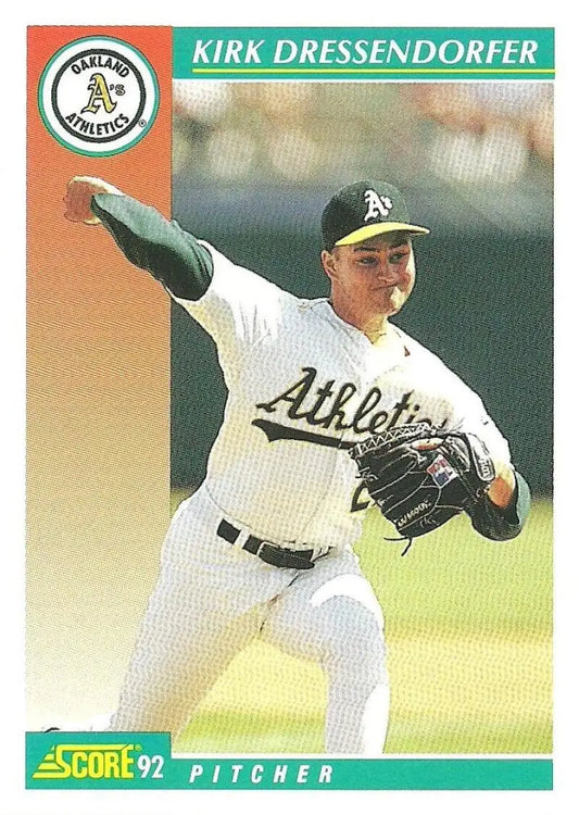Baseball card of Kirk Dressendorfer, Oakland Athletics pitcher in delivery