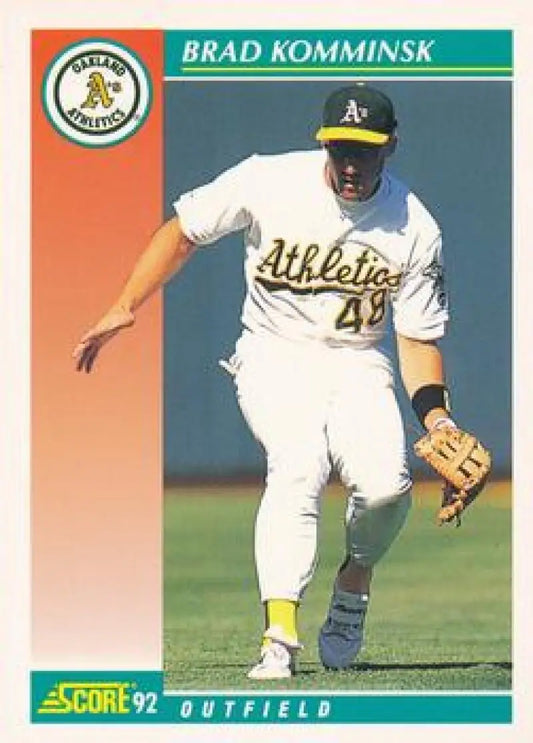 1992 Score #735 Brad Komminsk Baseball Card featuring Oakland Athletics outfielder in uniform