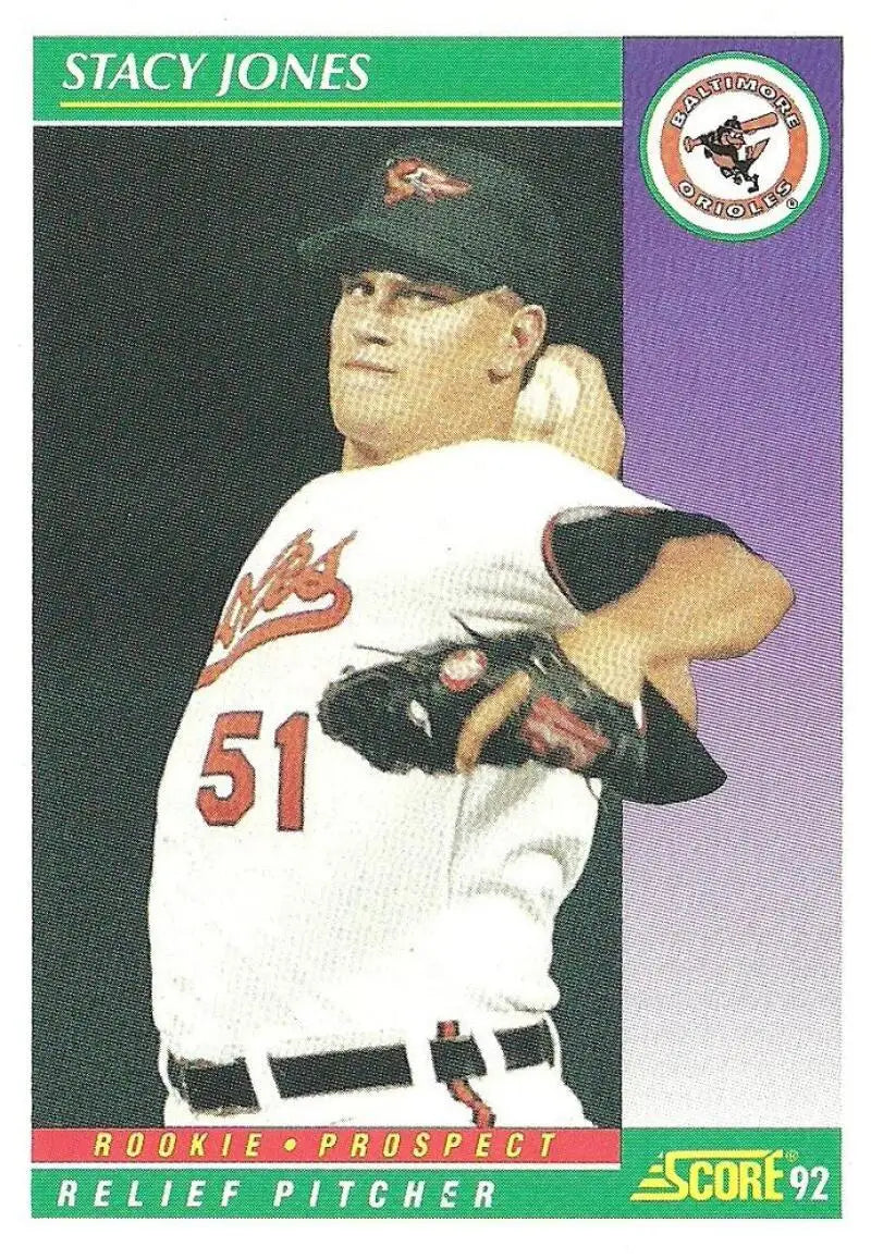 Stacy Jones Baltimore Orioles baseball card featuring relief pitcher in white uniform