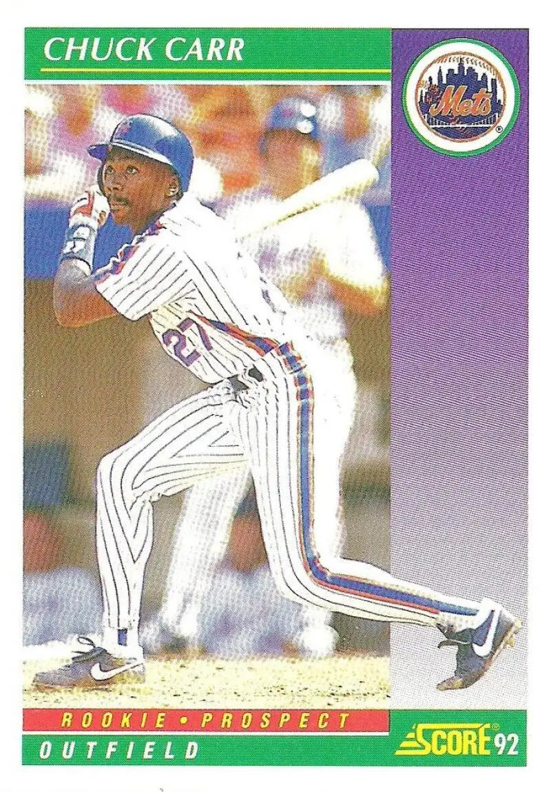 Baseball card of Chuck Carr in New York Mets pinstripe uniform from Score ’92 set