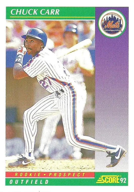Baseball card of Chuck Carr in New York Mets pinstripe uniform from Score ’92 set