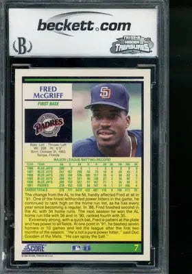 A graded 1992 Score Fred McGriff baseball card BCCG 10 featuring Fred McGriff