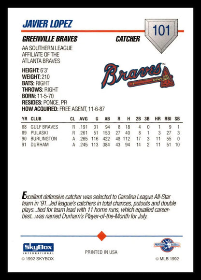 Javy Lopez Greenville Braves baseball card from 1992 Skybox AA series