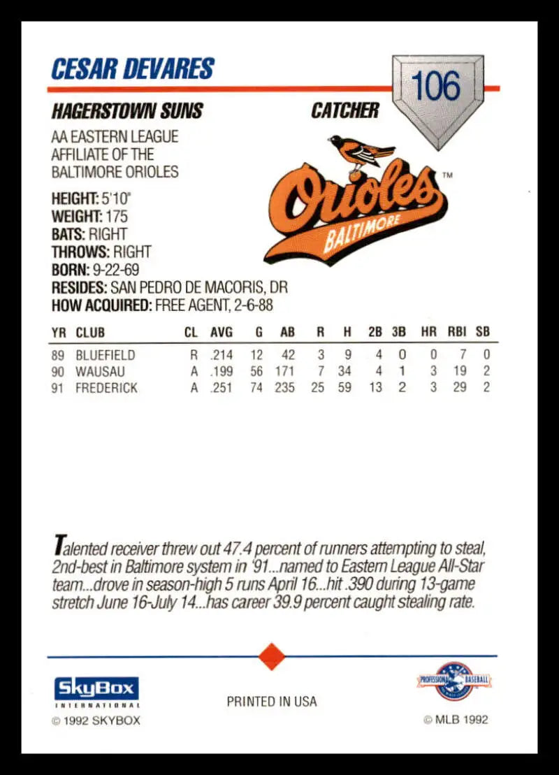 1992 Skybox AA #106 Cesar Devarez Hagerstown Suns NM-MT Baseball Card - Baseball Card