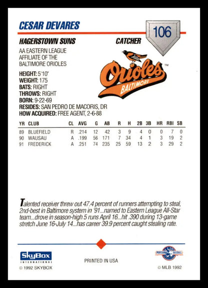 1992 Skybox AA #106 Cesar Devarez Hagerstown Suns NM-MT Baseball Card - Baseball Card