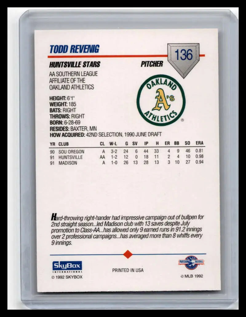 Baseball card of Todd Revenig, Huntsville Stars pitcher from the 1992 season