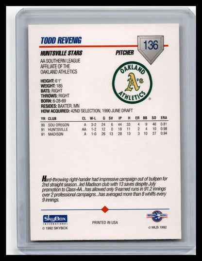 Baseball card of Todd Revenig, Huntsville Stars pitcher from the 1992 season