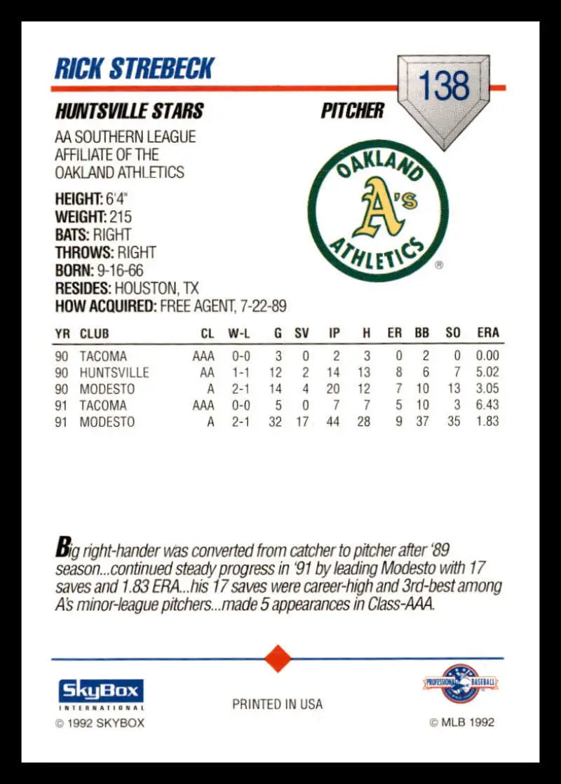 Baseball card of Ricky Strebeck from Huntsville Stars with stats and team logo