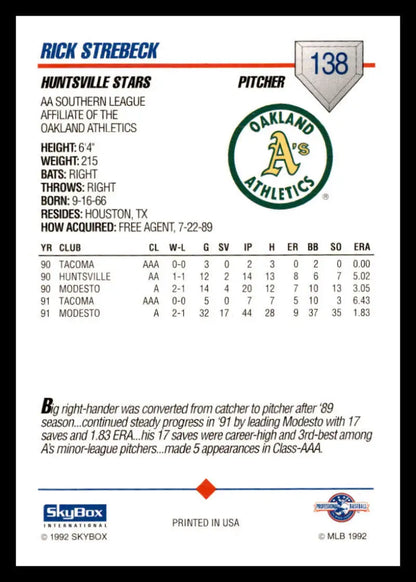 Baseball card of Ricky Strebeck from Huntsville Stars with stats and team logo