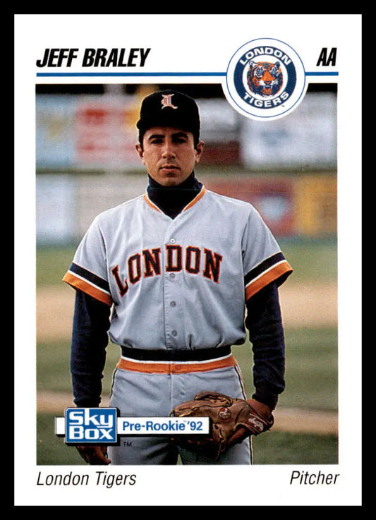 Baseball card of Jeff Braley in gray London Tigers uniform with orange trim