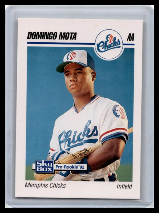Baseball card of Domingo Mota, infielder for Memphis Chicks in white and blue uniform