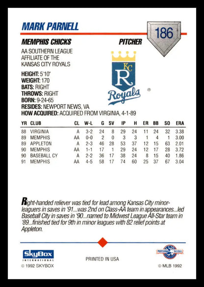 Baseball card featuring Mark Parnell statistics for Memphis Chicks pitcher