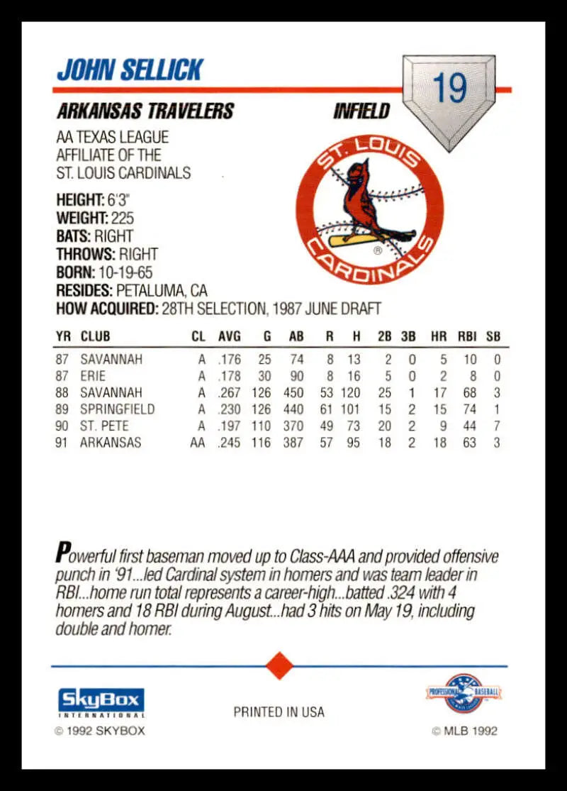 Baseball card featuring John Sellick statistics for Arkansas Travelers 1992 Skybox AA