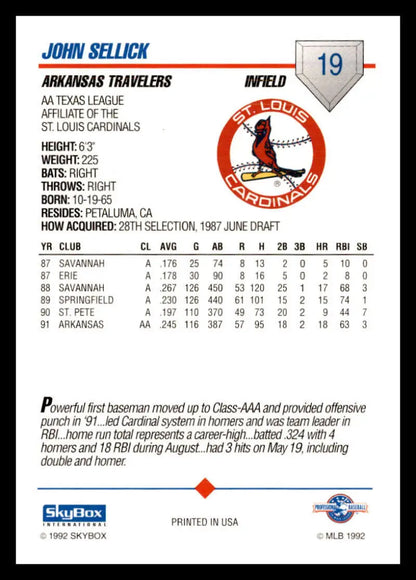 Baseball card featuring John Sellick statistics for Arkansas Travelers 1992 Skybox AA
