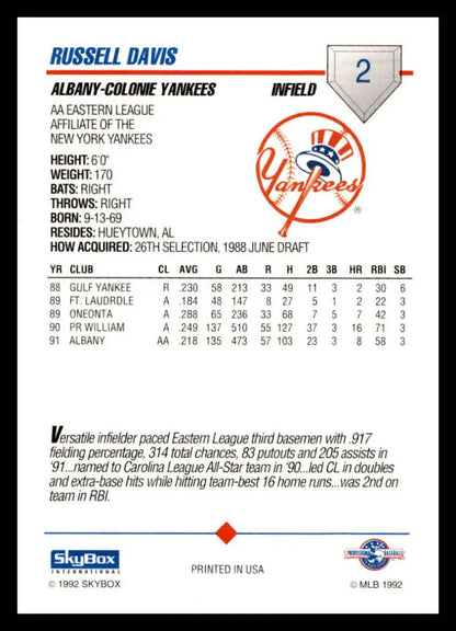 Russ Davis Albany-Colonie Yankees player statistics on 1992 Skybox NM-MT Baseball Card