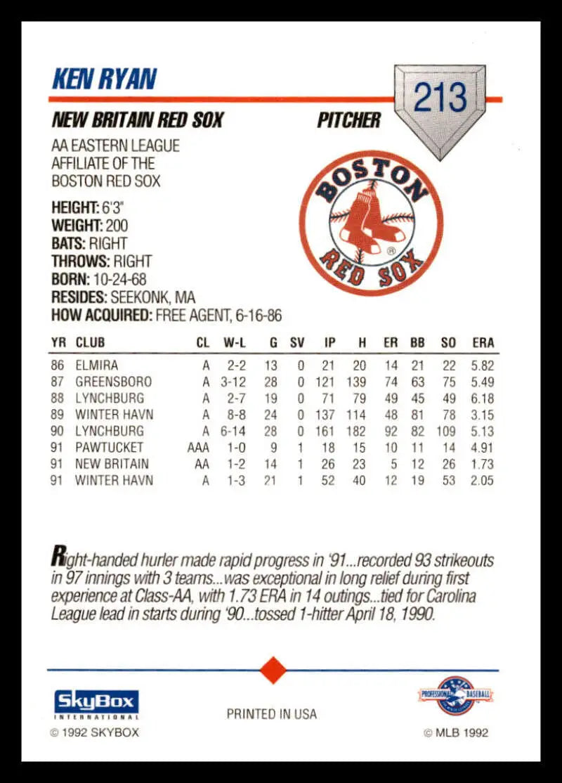 Baseball card displaying Ken Ryan stats for the Britain Red Sox pitcher #213