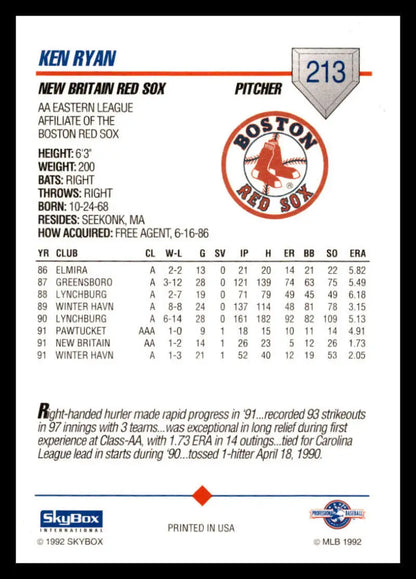 Baseball card displaying Ken Ryan stats for the Britain Red Sox pitcher #213