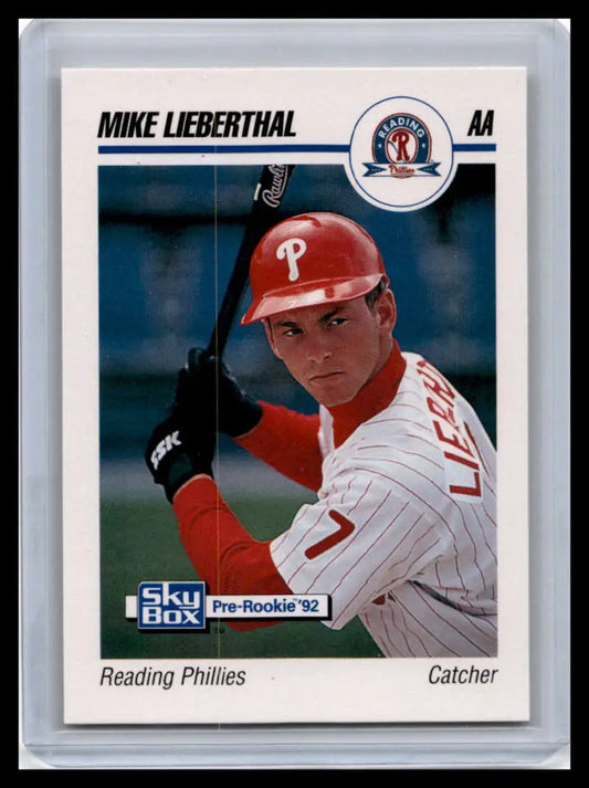 Baseball card of Mike Lieberthal in a Reading Phillies uniform and red batting helmet