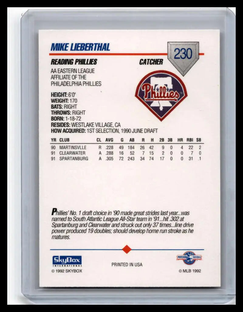 Mike Lieberthal baseball card back showing stats for Reading Phillies player