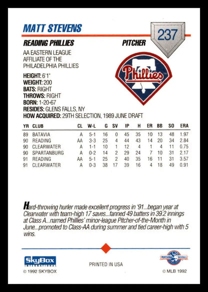 Baseball card of Matt Stevens from the Reading Phillies 1992 SkyBox set