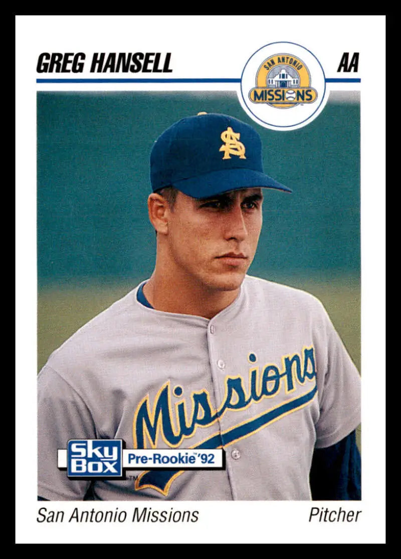 Baseball card of Greg Hansell, San Antonio Missions pitcher in white uniform
