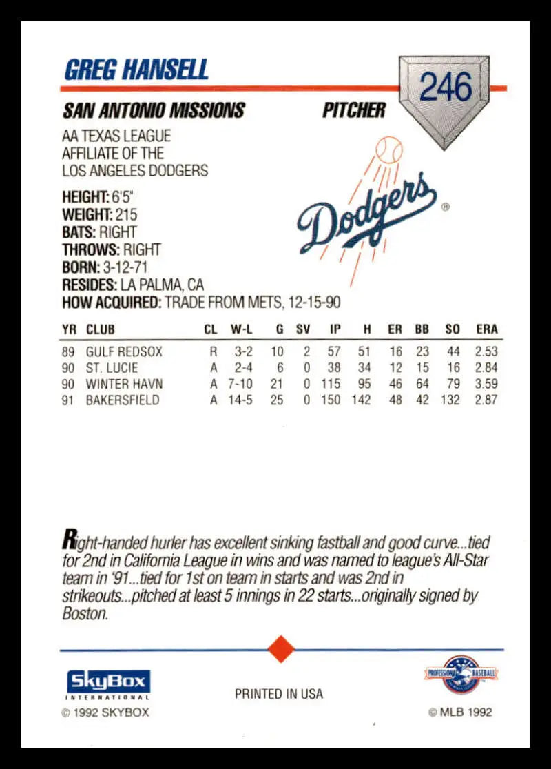 Baseball card of Greg Hansell with San Antonio Missions stats and biography