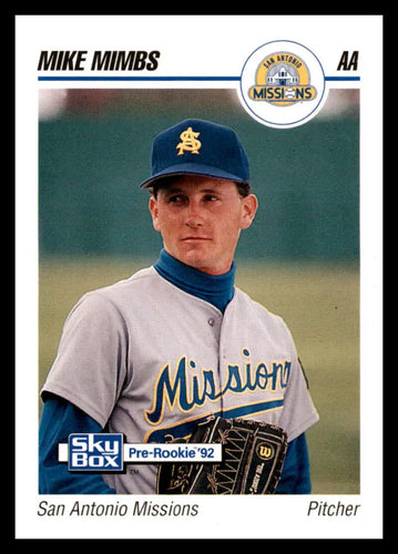 Baseball card of Mike Mimbs, San Antonio Missions pitcher in gray uniform and blue cap