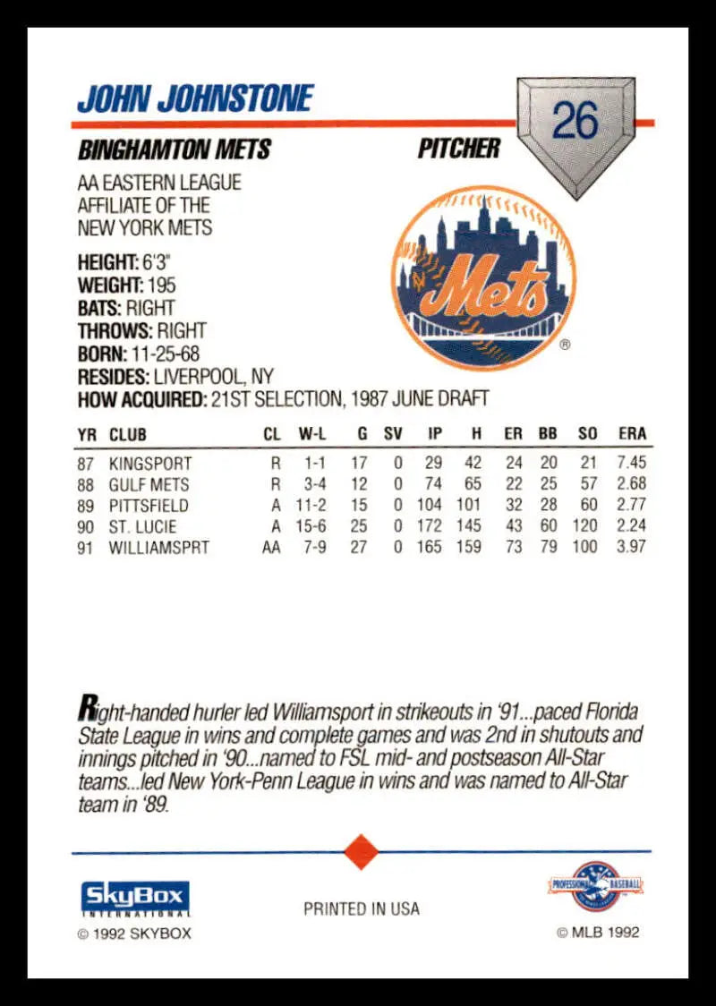 Baseball card of John Johnstone with statistics for Binghamton Mets pitcher