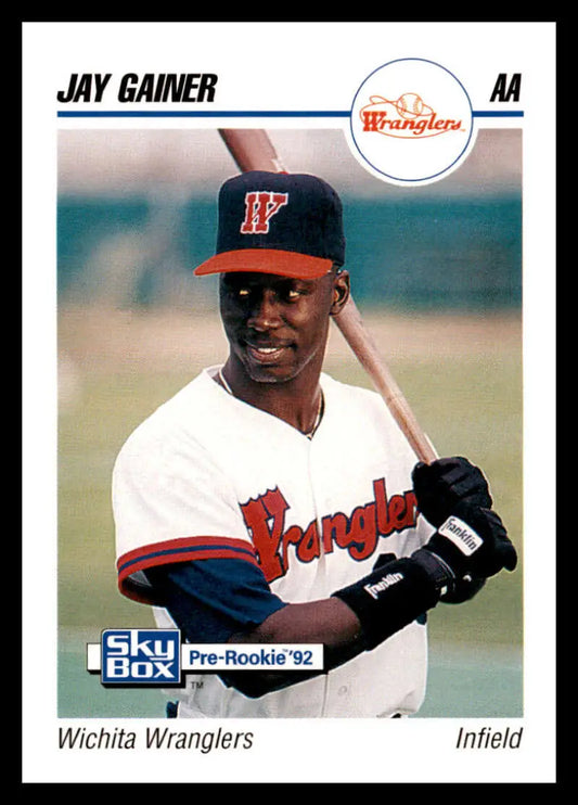 Baseball card of Jay Gainer, infielder for Wichita Wranglers in white uniform