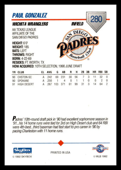 1992 Skybox AA Paul Gonzalez Wichita Wranglers baseball card showcasing minor league stats